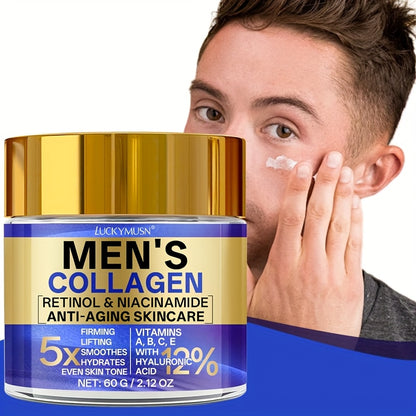 60g LUCKY MUSN Men's Retinol Collagen Moisturizing Cream with Hyaluronic Acid, Caffeine, Vitamin C & E - Firming & Lifting Skincare, 5X Smoothing, 5.5X Firming, 12% Brightening, Easy-Absorb Non-Greasy Formula for All Light Be