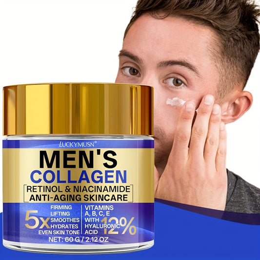 60g LUCKY MUSN Men's Retinol Collagen Moisturizing Cream with Hyaluronic Acid, Caffeine, Vitamin C & E - Firming & Lifting Skincare, 5X Smoothing, 5.5X Firming, 12% Brightening, Easy-Absorb Non-Greasy Formula for All Light Be