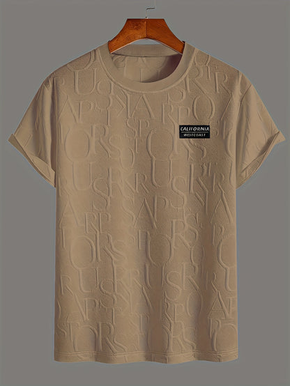 Men's Summer Casual Short Sleeve T-Shirt - Relaxed Fit Round Neck with Vertical Letter Print & Elastic Cuffs, Breathable Fabric for Daily Wear, Commuting & Outdoor Activities, Shirts for Summer