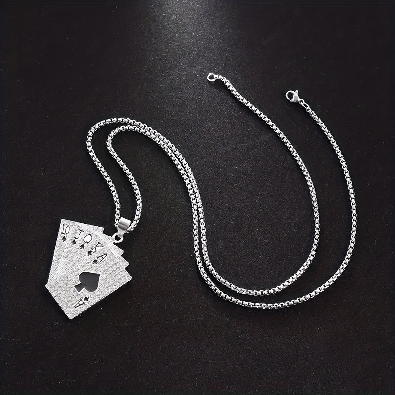 1Pc Sparkling Hip Hop Style Poker Card Pendant Necklace For Men- A Unique Jewelry Accessory