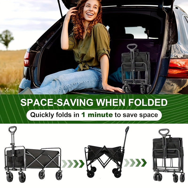 One piece Foldable camper with wheels, garden cart, multi-purpose heavy-duty four-wheeler for sports, gardening, camping and shopping, heavy duty, large capacity, black