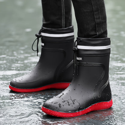 Men'S & Women'S Stylish Black Rain Boots with White Stripes - Waterproof, Slip-On, Round Toe Rain Boots for Outdoor Activities, Camping, and Beach Walking, Outdoor Footwear|Minimalist Design|PVC Upper Boots