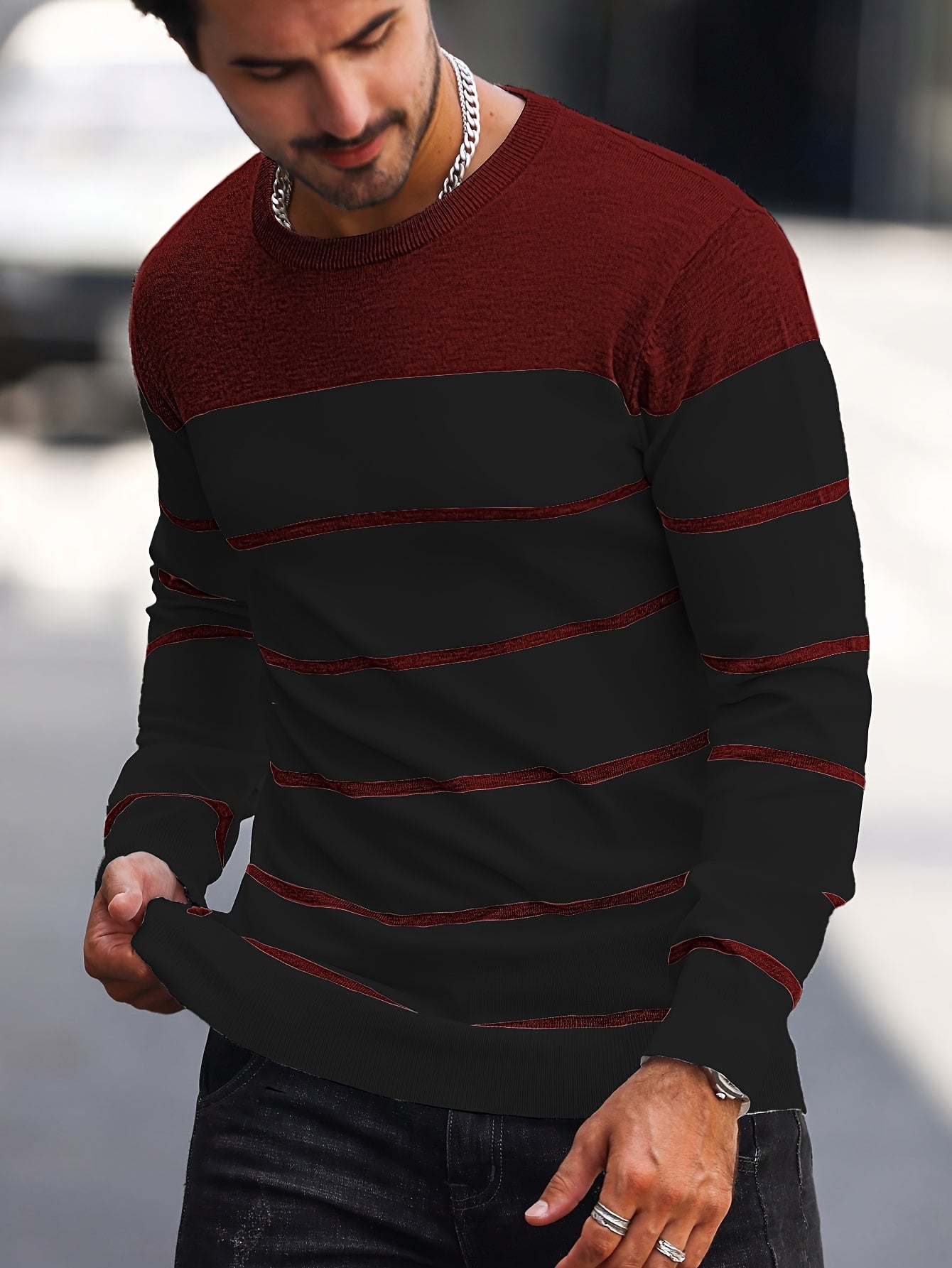 Men's Casual Striped Knit Pullover Sweater - Navy & White Contrast, Regular Fit H-Silhouette, Long Sleeve Crew Neck, Medium Stretch, Machine Washable for Spring & Fall, Mediumstretch Fabric