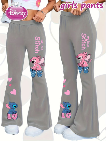Disney Stitch Girls' Flare Pants - Official Stitch Character Design with Bell Bottoms, Grey with Pink Accents, Machine Washable Birthday Outfit for Disney Fans (Kids Girls) - Perfect Gift for Stitch Lovers, Everyday Kids Clot