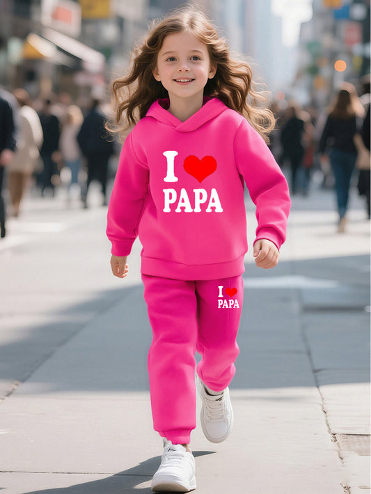 2pcs Back-to-School Season Fashionable Autumn/Winter Casual Sporty Style Girls' "I Love Dad" Cartoon Print Long Sleeve Fleece-Lined Hoodie + Sweatpants Set, Perfect for Outdoor