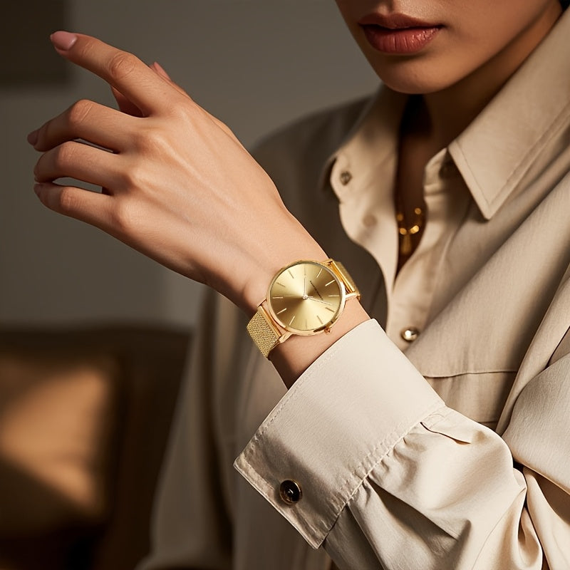 New Arrival 1pc Fashionable 's Rose Golden Watch, Golden & Silvery Stainless Steel Mesh Strap, Gorgeous Quartz Watch, Suitable for Daily Vacation Banquet Wear, Comes with Black Exquisite Box and Also Suitable as Gift - Girlfr
