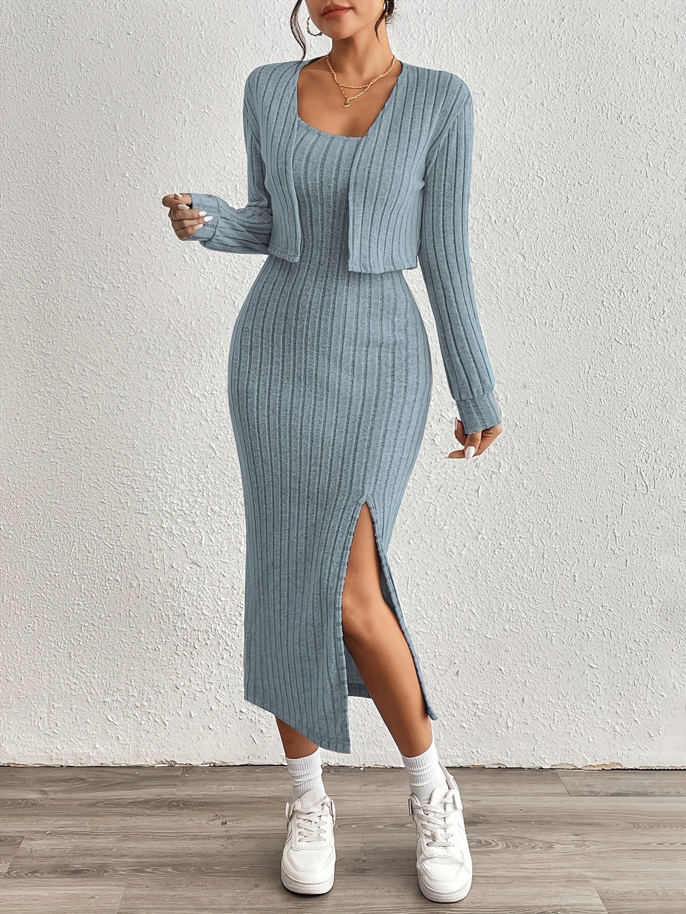 Simple y Fleece Two-Piece Dress and Jacket Set