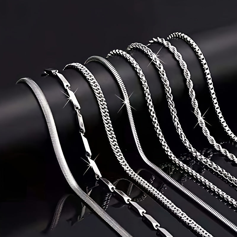 A Set Of 8 Stylish Stainless Steel Necklaces In Simple Silvery Geometric Design, Retro Necklace, Men's Personalized Hip-hop Casual Necklace Set, Accessories For Men's Gifts