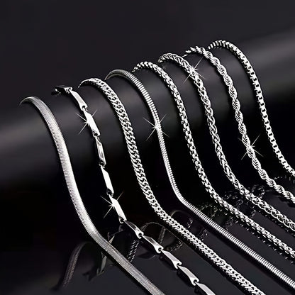 A Set Of 8 Stylish Stainless Steel Necklaces In Simple Silvery Geometric Design, Retro Necklace, Men's Personalized Hip-hop Casual Necklace Set, Accessories For Men's Gifts
