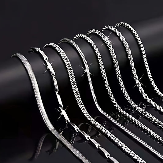 A Set Of 8 Stylish Stainless Steel Necklaces In Simple Silvery Geometric Design, Retro Necklace, Men's Personalized Hip-hop Casual Necklace Set, Accessories For Men's Gifts