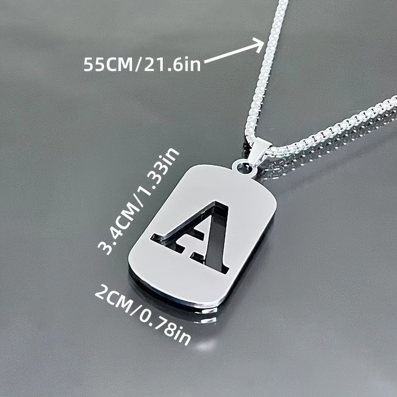 1pc Fashionable And Personalized, Geometric Square Hollow 26 English Letters Pendant Stainless Steel Necklace, Simple And Versatile Accessories for Men And Women.