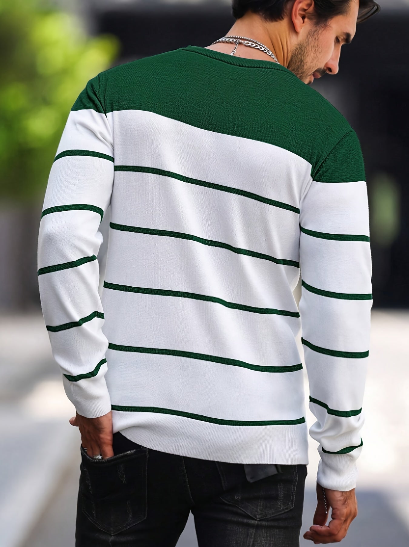 Men's Casual Striped Knit Pullover Sweater - Navy & White Contrast, Regular Fit H-Silhouette, Long Sleeve Crew Neck, Medium Stretch, Machine Washable for Spring & Fall, Mediumstretch Fabric