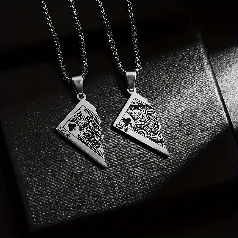1pc Stainless Steel Half-Heart Playing Card Pendant Necklace - Punk Gothic Style Intricate Spade & Heart Design Durable Unisex Jewelry Gift for Men Women, Heart Pendant Necklace, Statement Accessory, Polished Metallic Finish
