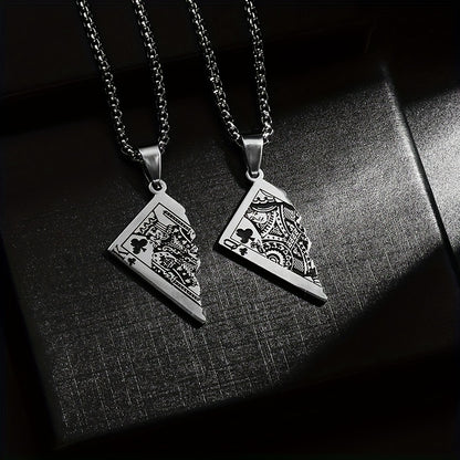 1pc Stainless Steel Half-Heart Playing Card Pendant Necklace - Punk Gothic Style Intricate Spade & Heart Design Durable Unisex Jewelry Gift for Men Women, Heart Pendant Necklace, Statement Accessory, Polished Metallic Finish