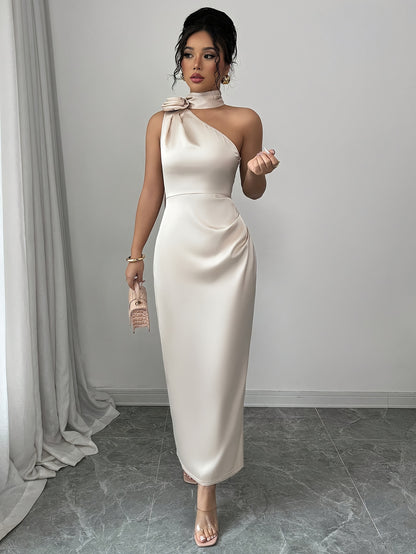 Women's Elegant Champagne Satin Off-the-Shoulder Mermaid Dress with Ruching Detail & Open Back - Bodycon Fit for Weddings, Parties, Formal Events