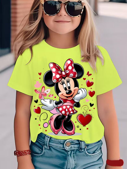 New Arrival - Cute Girl in Glasses Graphic Tee for Kids, Vibrant Yellow Cartoon T-Shirt with Minnie Mouse Design, Short Sleeve, Round Neck, Casual & Comfortable for Summer, Fall, Spring, Everyday Holiday Top|Playful Design|Co