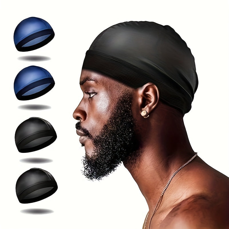 4pcs Silk-Like Fabric Dome Wave Cap for Men - Bohemian Style Non-Stretch Hair Cover, Black/Red/Grey/Blue, Hand Wash/Dry Clean, Versatile for Casual & Formal Wear, Formal Headwear, Sleek Cap Design, Silklike Material