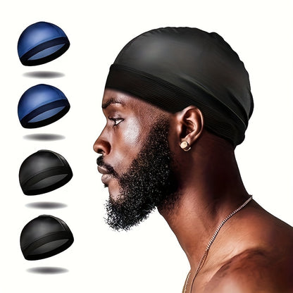 4pcs Silk-Like Fabric Dome Wave Cap for Men - Bohemian Style Non-Stretch Hair Cover, Black/Red/Grey/Blue, Hand Wash/Dry Clean, Versatile for Casual & Formal Wear, Formal Headwear, Sleek Cap Design, Silklike Material