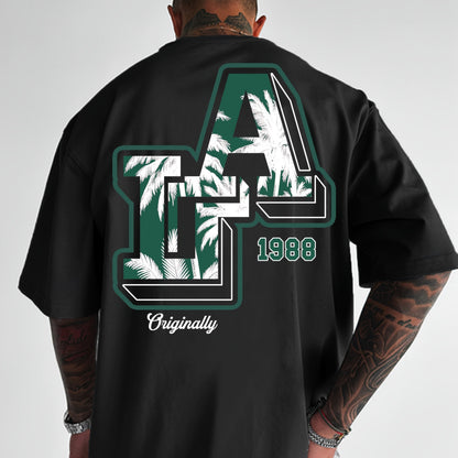 Men'S Casual Y2K LA Graphic T-Shirt - Bold Oversized "LA" Letter Print, Comfortable & Breathable with Slight Stretch, Perfect for Home & Outdoor Activities, Spring/Summer Fashion, Machine Washable, Loose Fit Short Sleeve Crew