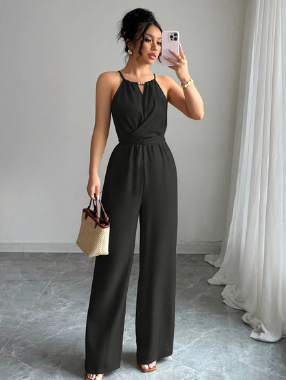 Women'S Elegant Off-Shoulder Twist Front Jumpsuit - Beige Wide-Leg Jumpsuit with Adjustable Waist Tie, Perfect for Spring & Summer Casual or Dressy Outfits, Casual Chic Wear | Offshoulder Fashion | Polyester Fabric