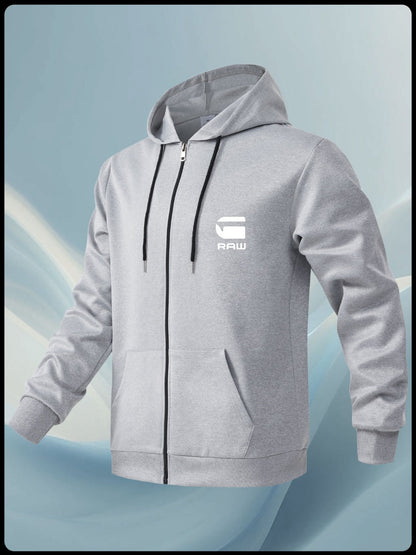 Men'S Casual Hooded Jacket with "RAW" Graphic Print - Light Gray Zip-Up Coat, Polyester Lining, Regular Fit, Front Pockets, Casual Outerwear | Trendy Casual Jacket | Polyester Lined Interior