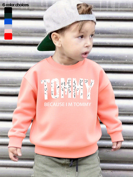 Boys' Casual Fleece-Lined Long Sleeve Sweatshirt with "TOMMY" Letter Print - Cozy Loose Fit Round Neck Pullover for Fall/Winter Outdoor Activities, 3+ Years Old, 6 Color Options, Sweater for Boy, Kids Winter Wear, Playful Kid