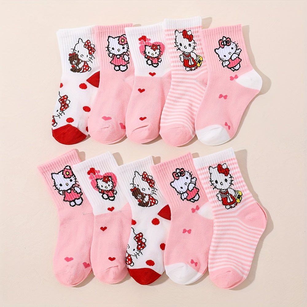 10 Pairs Hello Kitty Girls Socks, Cute Cartoon Sanrio Ankle Crew Socks, Breathable Soft Knit, Pink Red Heart Pattern, Spring Fall Winter Toddler Socks