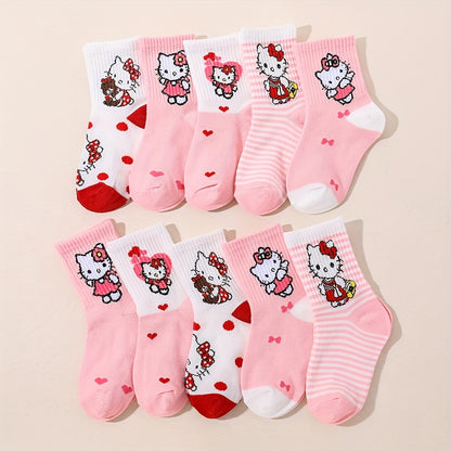 10 Pairs Hello Kitty Girls Socks, Cute Cartoon Sanrio Ankle Crew Socks, Breathable Soft Knit, Pink Red Heart Pattern, Spring Fall Winter Toddler Socks