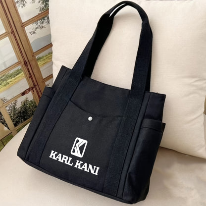 Karl Kani Women'S Large Capacity Tote Bag - Lightweight Durable Polyester Shoulder Bag with Zipper Closure, Stylish Black & White Print Design, Perfect for Shopping, Commuting, and Travel, Versatile Carryall | Minimalist Desi