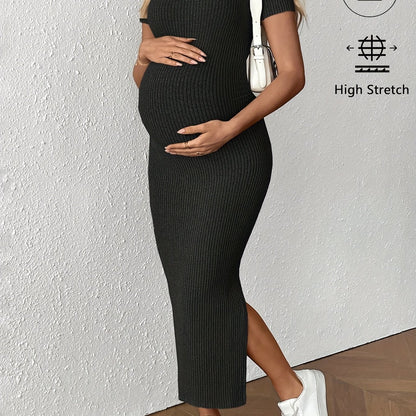 Maternity Bodycon Dress - Square Neck Short Sleeve Ruched Hem Stretchy Knit Pregnancy Dress for Women, Breathable Summer Casual Wear, Machine Washable Solid Color Regular Fit, Maternity Dresses, Comfortable Pregnancy Outfit,