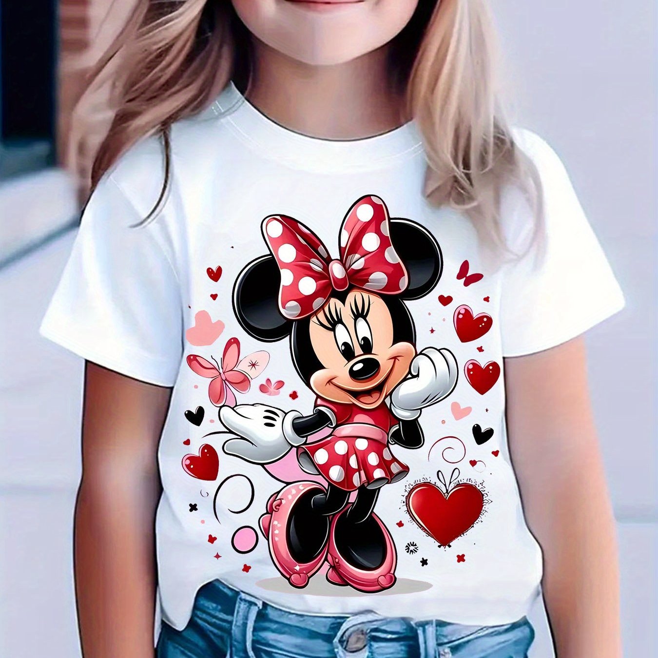 New Arrival - Cute Girl in Glasses Graphic Tee for Kids, Vibrant Yellow Cartoon T-Shirt with Minnie Mouse Design, Short Sleeve, Round Neck, Casual & Comfortable for Summer, Fall, Spring, Everyday Holiday Top|Playful Design|Co