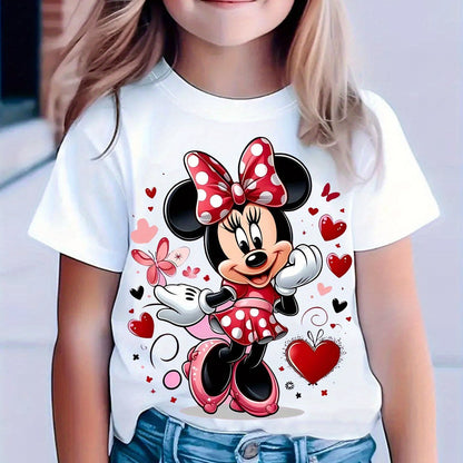 New Arrival - Cute Girl in Glasses Graphic Tee for Kids, Vibrant Yellow Cartoon T-Shirt with Minnie Mouse Design, Short Sleeve, Round Neck, Casual & Comfortable for Summer, Fall, Spring, Everyday Holiday Top|Playful Design|Co