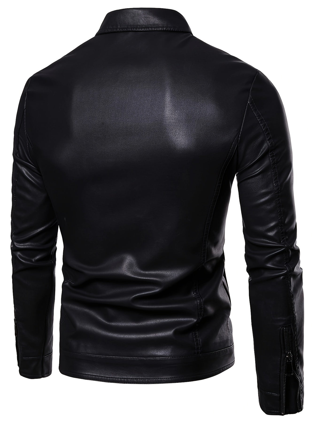 Men'S Slim-Fit Faux Leather Jacket - Black Casual Zip-Up Bomber with Lapel Collar, Long Sleeves, and Pockets for Autumn & Winter, Autumn Winter Jacket | Sleek Black Jacket | Polyester Lined Jacket