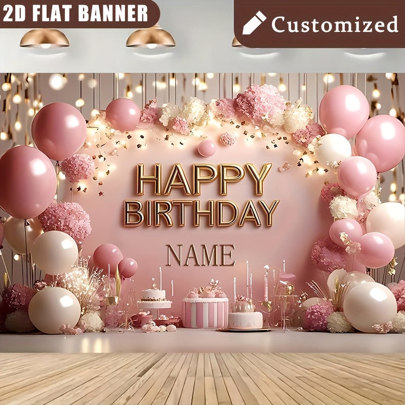 2D Flat, 1pc Customizable Princess-Themed Birthday Party Banner - Sparkling Pink Floral & Cake Design, Vinyl Inkjet Print, Personalized Name Option, Perfect for Wall Decor & Event Signage, Birthday Party Decorations