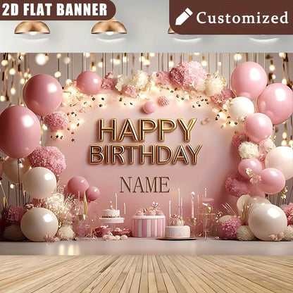 2D Flat, 1pc Customizable Princess-Themed Birthday Party Banner - Sparkling Pink Floral & Cake Design, Vinyl Inkjet Print, Personalized Name Option, Perfect for Wall Decor & Event Signage, Birthday Party Decorations