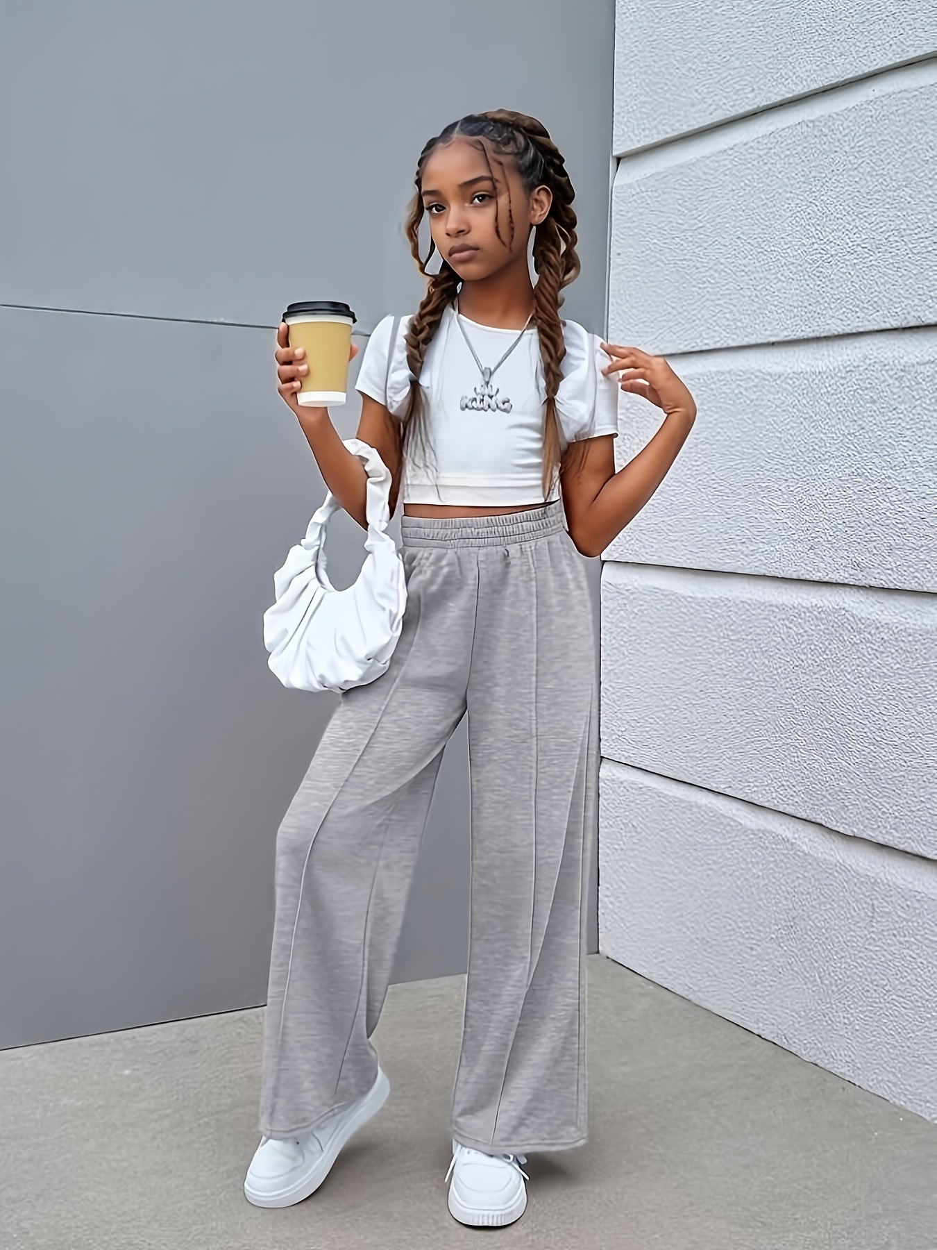 Children'S Light Gray Wide-Leg Casual Pants - Comfortable Elastic Waistband, Straight-Leg Design, Perfect for Spring & Fall Outdoor Activities, Everyday Comfort Pants | Wideleg Pants | Smooth Texture Pants, for Outdoor