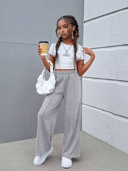 Children'S Light Gray Wide-Leg Casual Pants - Comfortable Elastic Waistband, Straight-Leg Design, Perfect for Spring & Fall Outdoor Activities, Everyday Comfort Pants | Wideleg Pants | Smooth Texture Pants, for Outdoor