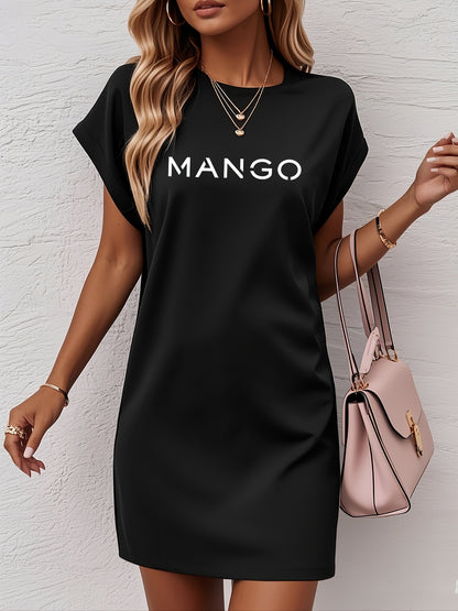 Women's Casual Mango Letter Print T-Shirt Dress - Vibrant Orange Short Sleeve Midi Dress with Pockets, Relaxed Fit & Drop Shoulder, Machine Washable All-Season Comfort, Spring Fashion, Breathable Material, Adult Clothing