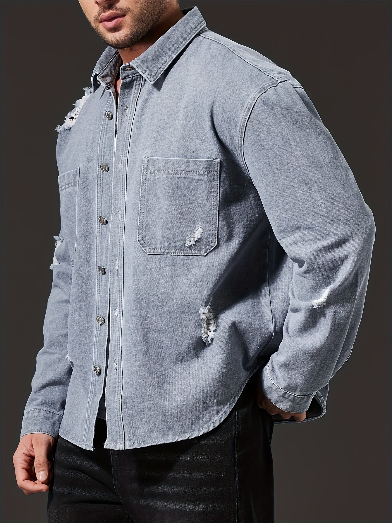 Men'S Casual Denim Shirt - Washed Distressed Blue, Button-Up with Chest Pockets, Non-Stretch Fabric, Regular Fit for Casual Attire, Casual Attire Shirt | Distressed Denim Shirt | Nonstretch Fabric, Plus Size