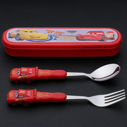 3pcs/set Cars Lightning McQueen Stainless Steel Fork And Spoon Set with Box, Portable Reusable Tableware, Kawaii Home And Outdoor School Supplies, Camping Accessories Christmas Birthday Gift