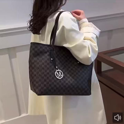 2025 Women's Designer-Inspired Large Tote Bag - Geometric Synthetic Leather Handbag with Detachable Golden Chain Strap & 'M' Monogram Accent, Lightweight Work Purse for Office, School, Shopping - Coffee Brown, Beige, Black -