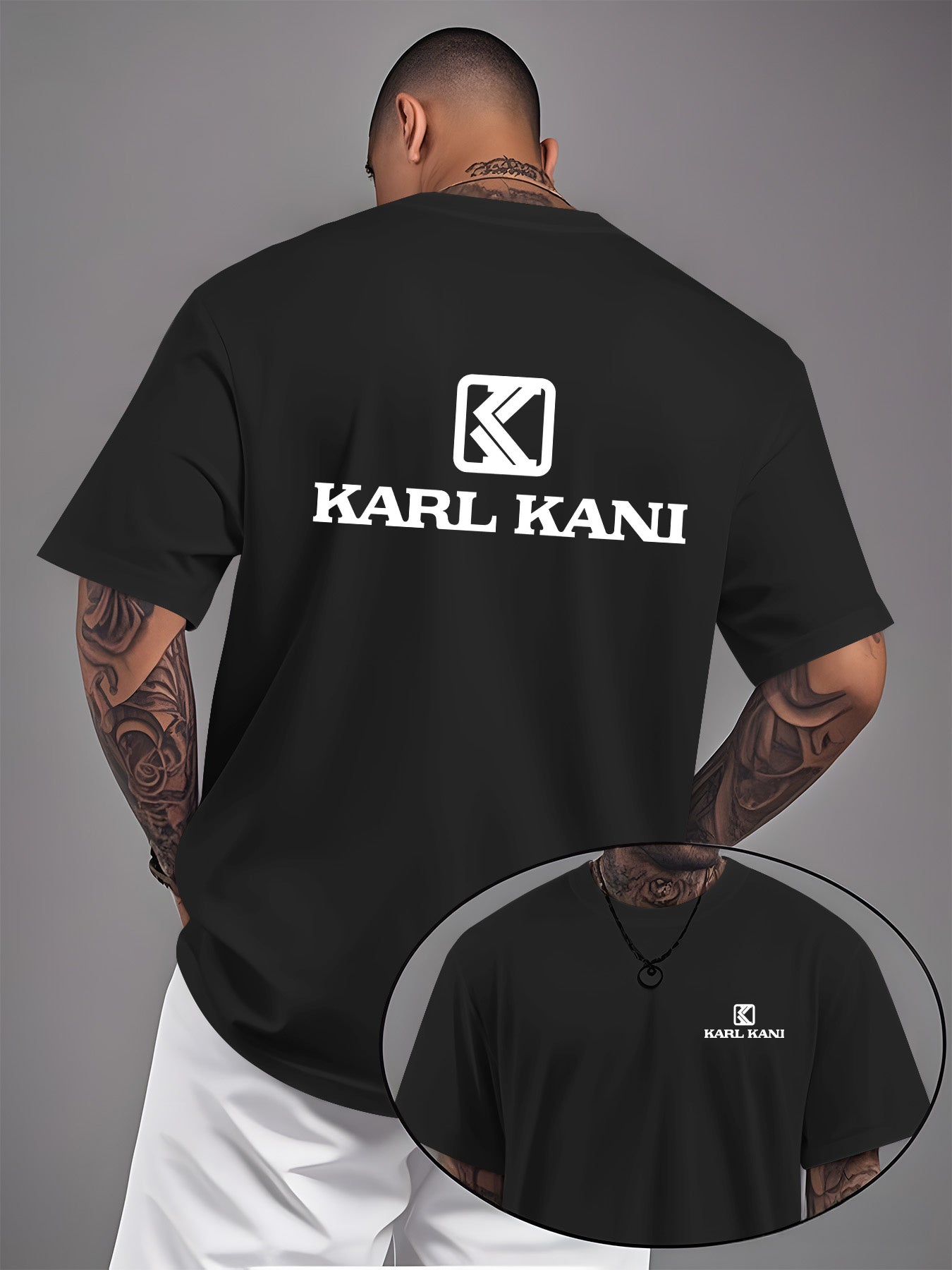Men'S Casual Crew Neck T-Shirt with "KARL KANI" Graphic - Breathable, Moisture-Wicking, Short Sleeve, Regular Fit, Geometric Pattern, Ideal for Home & Outdoor Activities, All-Season Comfort, Outdoor Clothing | Relaxed Fit Shi