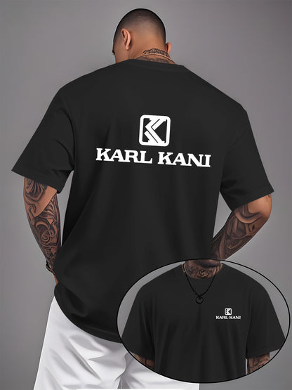Men'S Casual Crew Neck T-Shirt with "KARL KANI" Graphic - Breathable, Moisture-Wicking, Short Sleeve, Regular Fit, Geometric Pattern, Ideal for Home & Outdoor Activities, All-Season Comfort, Outdoor Clothing | Relaxed Fit Shi