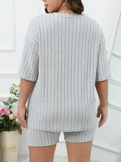 Women's Casual Lounge Set, Plus Size Solid Ribbed Short Sleeve Round Neck Top & Shorts Pajamas 2 Piece Set