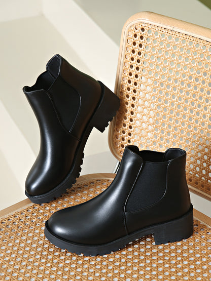 MagiMoBo Women'S Slip-On Chunky Mid-Heel Ankle Boots - Faux Cover Round Toe Platform Boots with Thick Rubber Sole, All-Season Casual Versatile Boots for Casual Attire, Comfortable Walking Boots, Durable Fabric Insole
