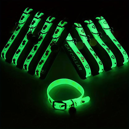 1pc Adjustable Luminous Pet Collar with Bell - Animal Print Design, Silicone Material, Ideal for Cats and Dogs