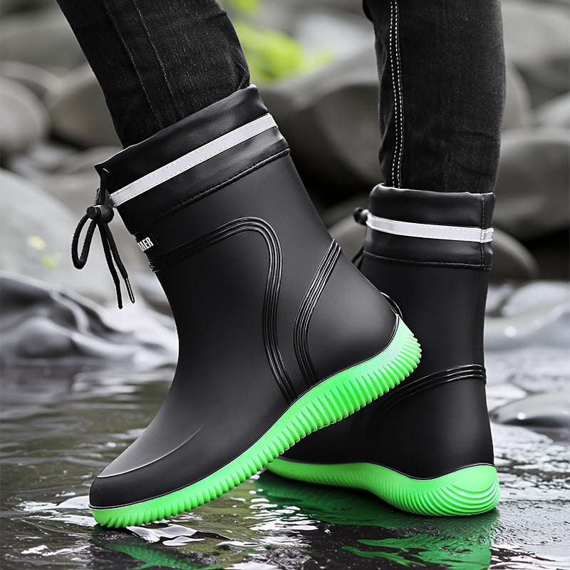 Men'S & Women'S Stylish Black Rain Boots with White Stripes - Waterproof, Slip-On, Round Toe Rain Boots for Outdoor Activities, Camping, and Beach Walking, Outdoor Footwear|Minimalist Design|PVC Upper Boots